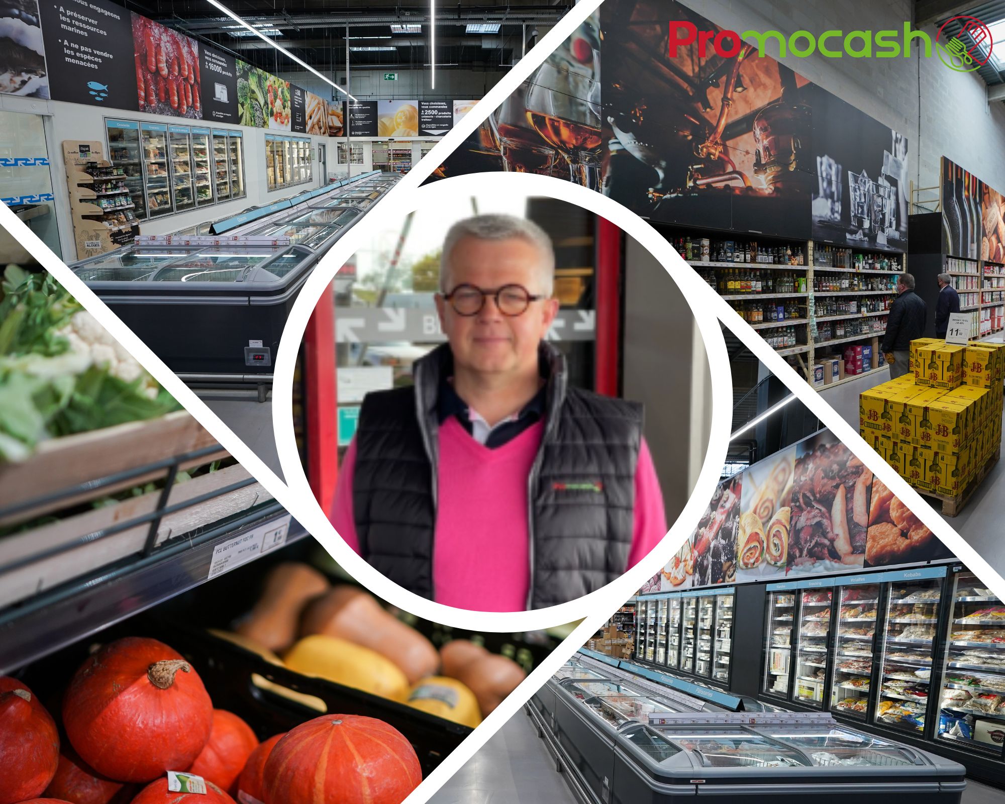 Collage de photos de l'intérieur du magasin Promocash de Pontivy, autour d'une photo du franchisé au centre.