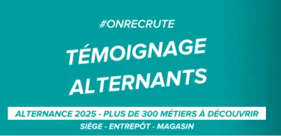 Visuel qui illustre le recrutement en alternance, avec un "hashtag on recrute", et des témoignages d'alternants