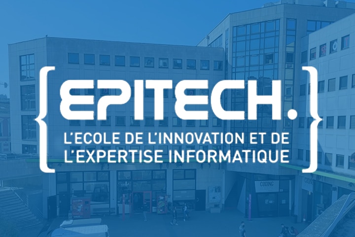 Logo de l'école EPITECH, sur un fond bleu transparent derrière lequel apparaît une photo de l'école.