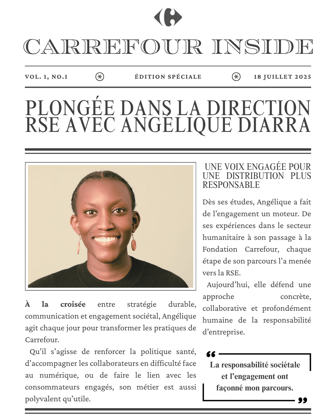 Visuel qui illustre l'article "Carrefour Inside - Plongée dans la direction RSE avec Angélique Diarra". Mise en page d'article de journal avec une photo de l'interviewée Angélique Diarra.