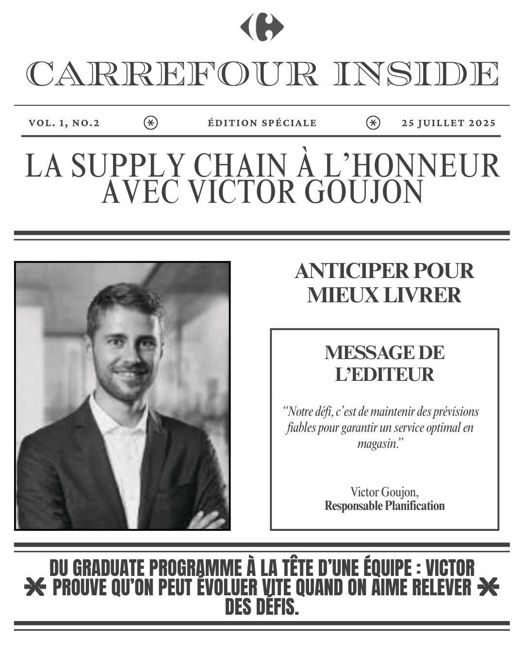 Visuel qui illustre l'article "Carrefour Inside - La supply chain à l'honneur avec Victor Goujon". Mise en page d'article de journal avec une photo de l'interviewée Victor Goujon.