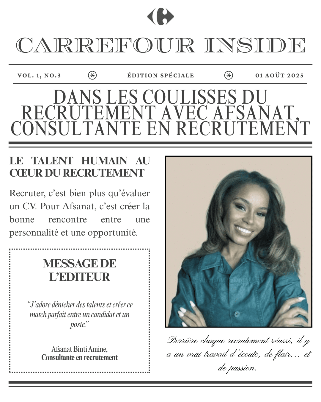 Visuel qui illustre l'article "Carrefour Inside - Dans les coulisses du recrutement avec Afsanat consultante en recrutement". Mise en page d'article de journal avec une photo de l'interviewée Afsanat Binti Amine.