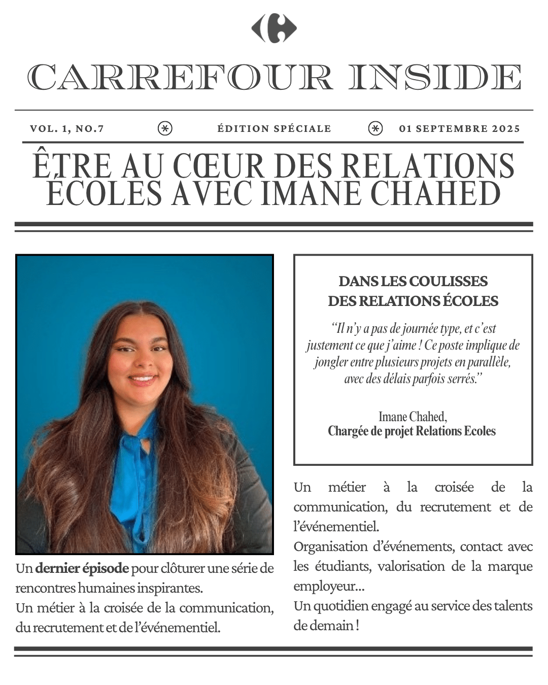 Visuel qui illustre l'article "Carrefour Inside : Immersion au Cœur de la Stratégie Relations Écoles". Mise en page d'article de journal avec une photo de l'interviewée Imane Chahed.