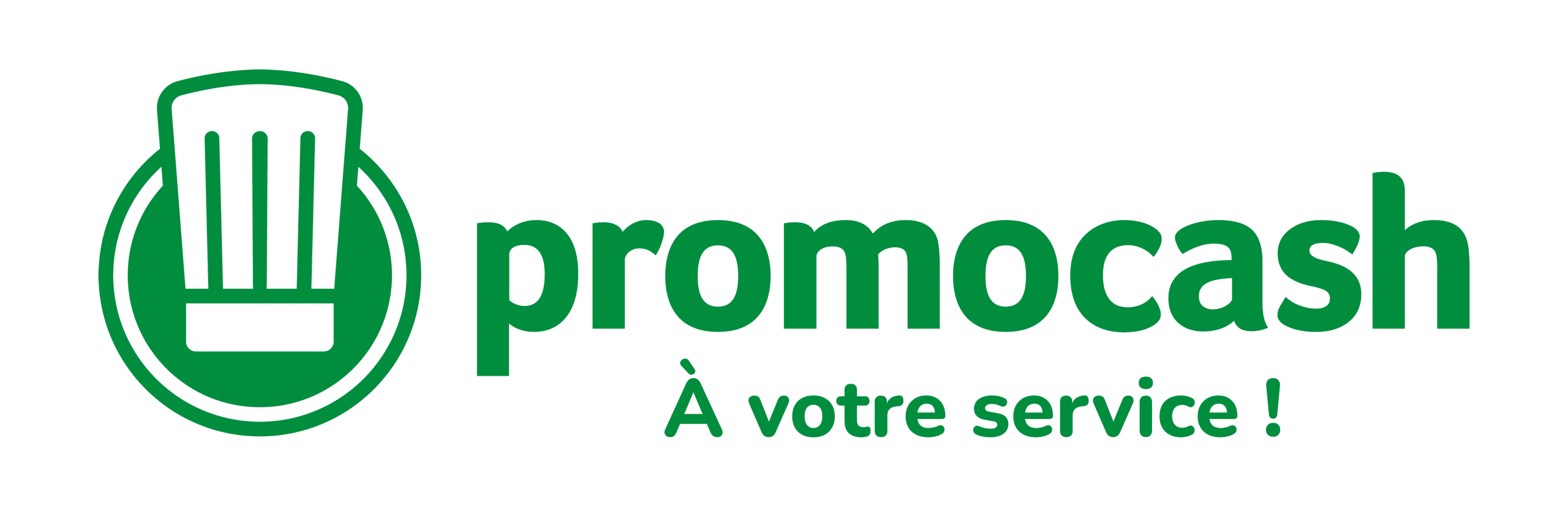 Logo PROMOCASH, accompagné de la signature "A votre service !"