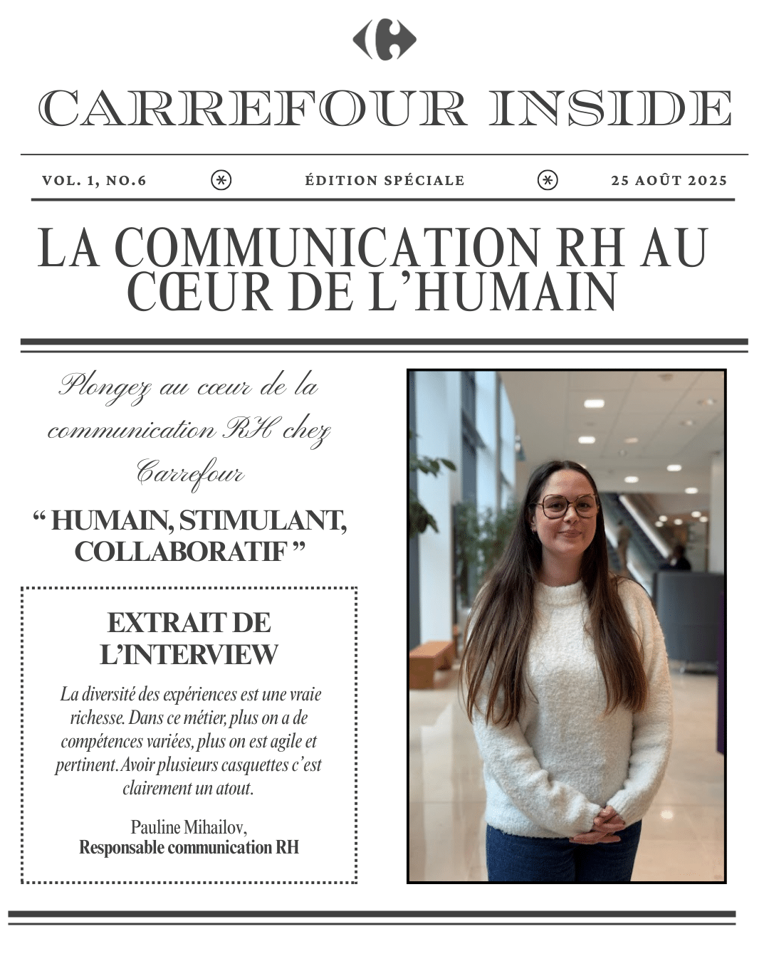 Visuel qui illustre l'article "Carrefour Inside - La communication RH au cœur de l'humain". Mise en page d'article de journal avec une photo de l'interviewée Pauline Mihailov, Responsable communication RH.
