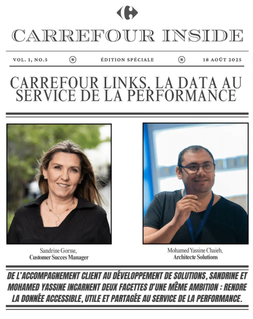 Visuel qui illustre l'article "Carrefour Inside - La Data au service de la performance". Mise en page d'article de journal avec une photo des l'interviewés Sandrine Gorsse, Customer Succes Manager et Mohamed Yassine Chaieb, Architecte Solutions